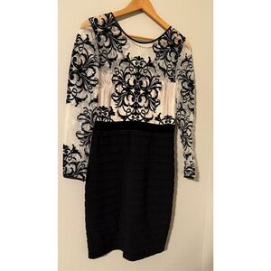 Betsy & Adam 8 Petite Sheer Sleeve Fleur De Lis Bandage Skirt Dress Black Cream